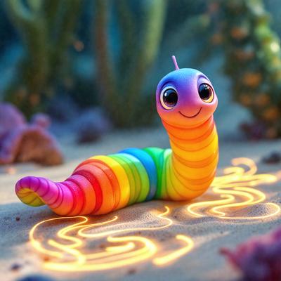 The primary subject of the image is a colorful, rainbow-striped caterpillar. The caterpillar is sitting on a sandy surface, which serves as the setting for the scene. The visual style of the image is a combination of photo and digital art, creating a unique and vibrant appearance. The dominant colors in the image are the rainbow stripes of the caterpillar and the sandy surface, which together create a lively and cheerful atmosphere.